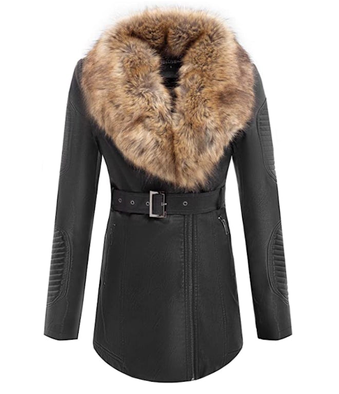 Bellivera Faux-Leather Long Jacket with Detachable Faux-Fur Collar
