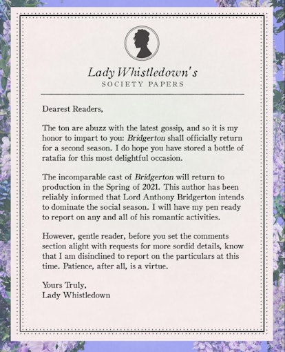 Lady Whistledown's missive confirming 'Bridgerton' Season 2