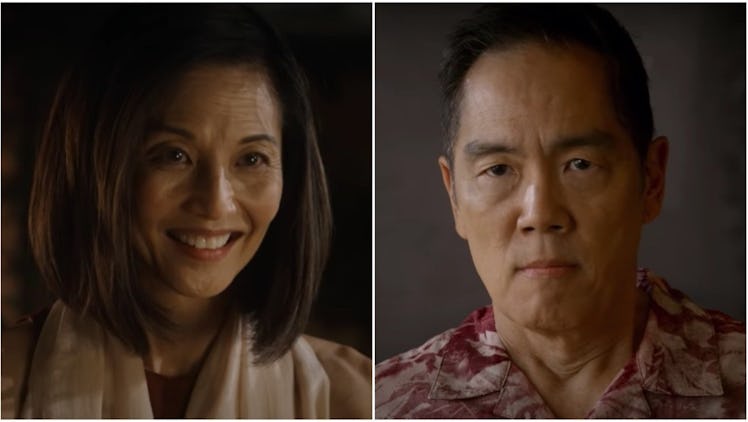 A two-part collage with Chozen Toguchi and Tamlyn Tomita in Cobra Kai Season 3