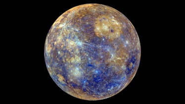 This colorful view of Mercury was produced by using images from the color base map imaging campaign ...