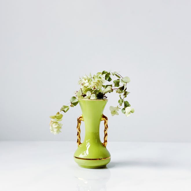 Petite Chartreuse Ceramic Bud Vase With Gold Accents