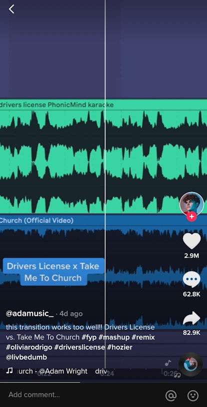 A TikTok user mashes "Driver's License" by Olivia Rodrigo with "Take Me To Church" by Hozier.