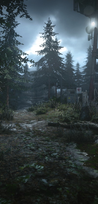A scenery showing the woods during a cloudy day in the Hitman 3 video game