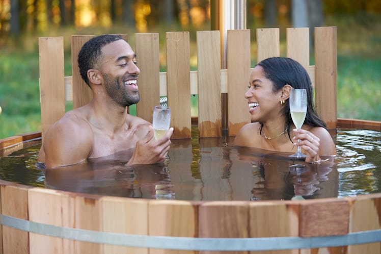 Matt James and Bri from 'The Bachelor' enjoy champagne in a hot tub on a date.