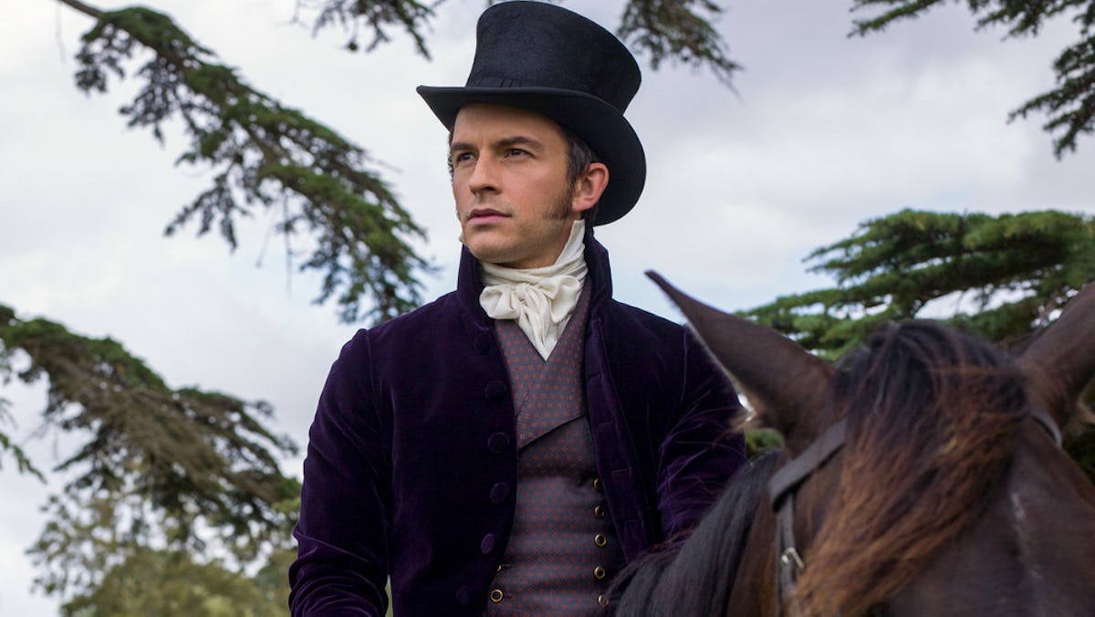 Anthony Bridgerton sits on top of his horse wearing a velvet coat and a top hat.