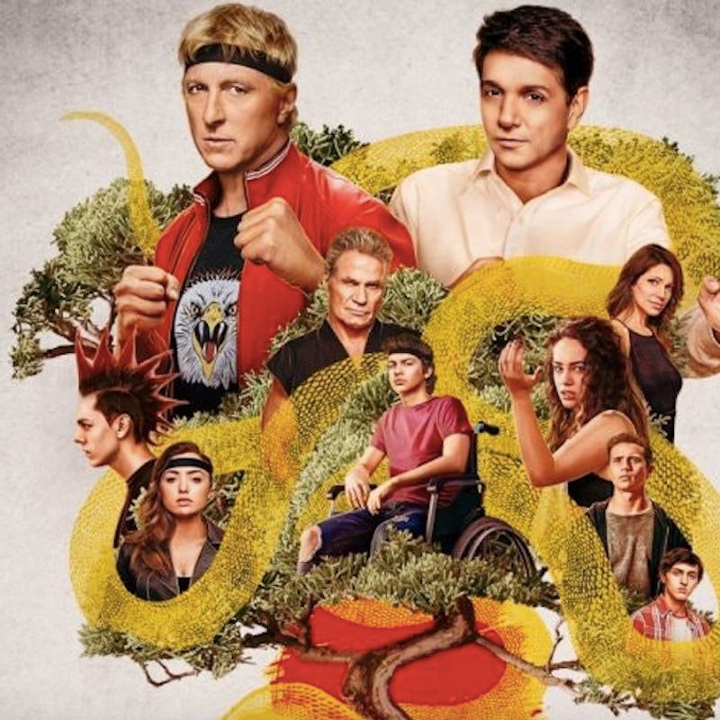 A promo poster for Cobra Kai season 3 with the full cast