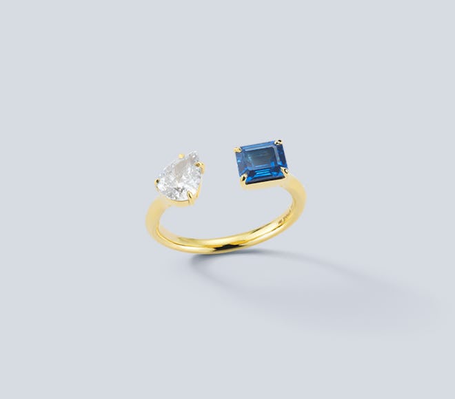 Prive Diamond Pear and Blue Sapphire Open Ring