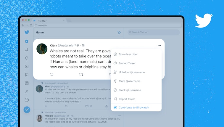 Render of the Birdwatch note option on Twitter