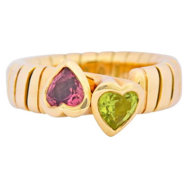 Bulgari 1.50 Carat Pink Tourmaline Peridot 18K Yellow Gold Heart Ring