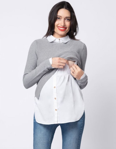 Grey Mock Shirt Maternity & Nursing Sweater