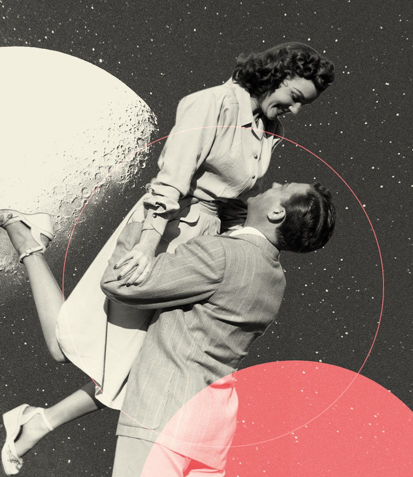 retro couple in love in front of planets