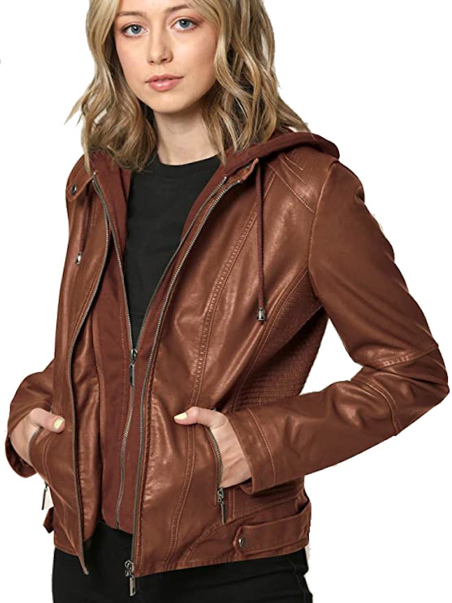 Lock and Love Faux-Leather Quilted Motorcycle Jacket with Hood