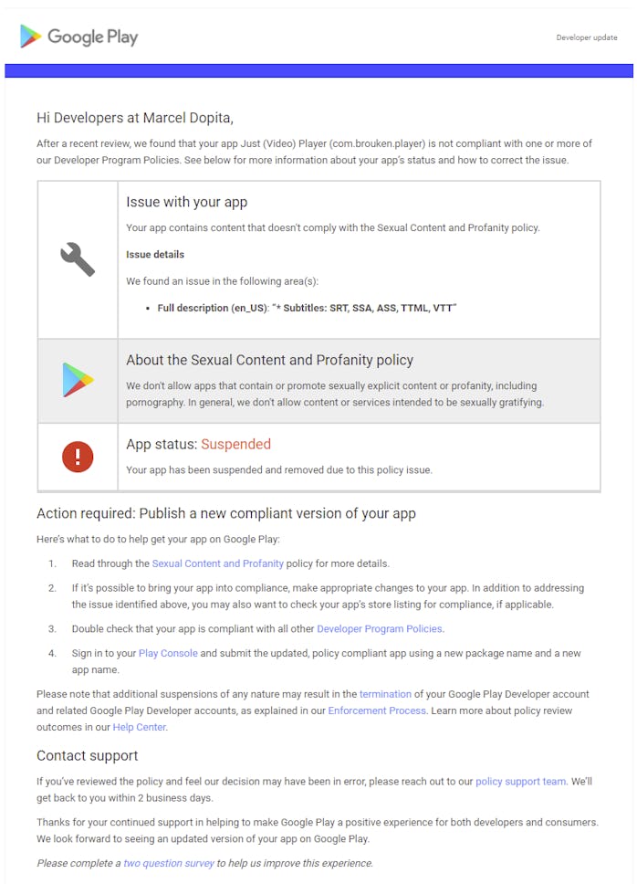 Google erroneously removed a developer's app from the Play Store after the subtitle filetype .ass wa...