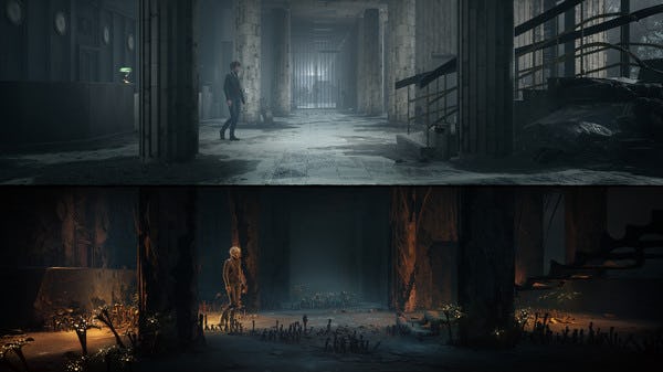 A screenshot of the two worlds in 'The Medium'