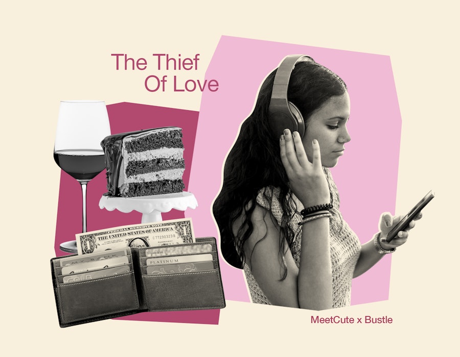 Collage of a girl with headphones on and a phone next to her wine, wallet, and cake