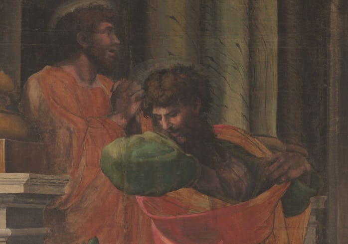Christian apostles Paul and Barnabas seen in a state of despair and terror at Lystra.