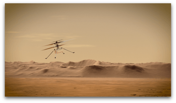NASA's Ingenuity Mars Helicopter flying through the Red Planet's skies.