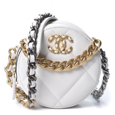 Goatskin Quilted 19 Round Clutch With Chain White
