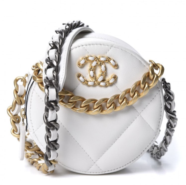 Goatskin Quilted 19 Round Clutch With Chain White