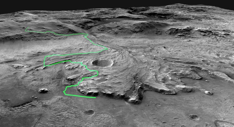 This annotated mosaic depicts a possible route the Mars 2020 Perseverance rover could take across Je...