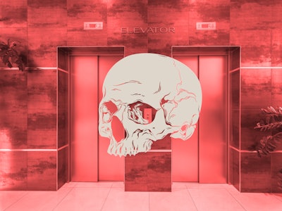 skull in front of two elevators with a red wash