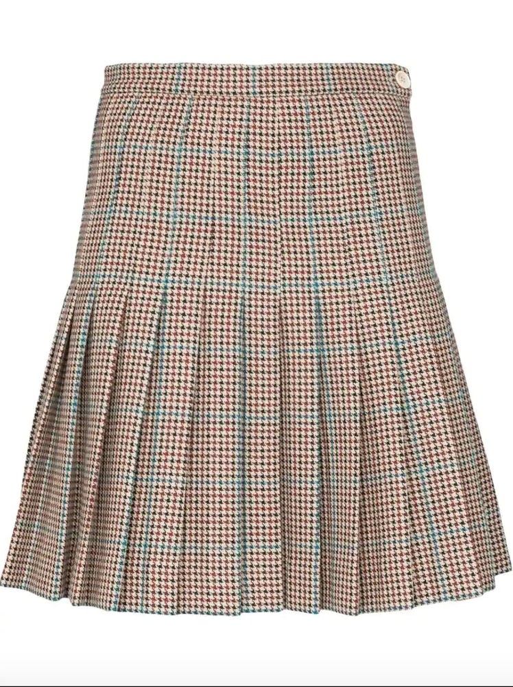 Check Pleated Wool Miniskirt