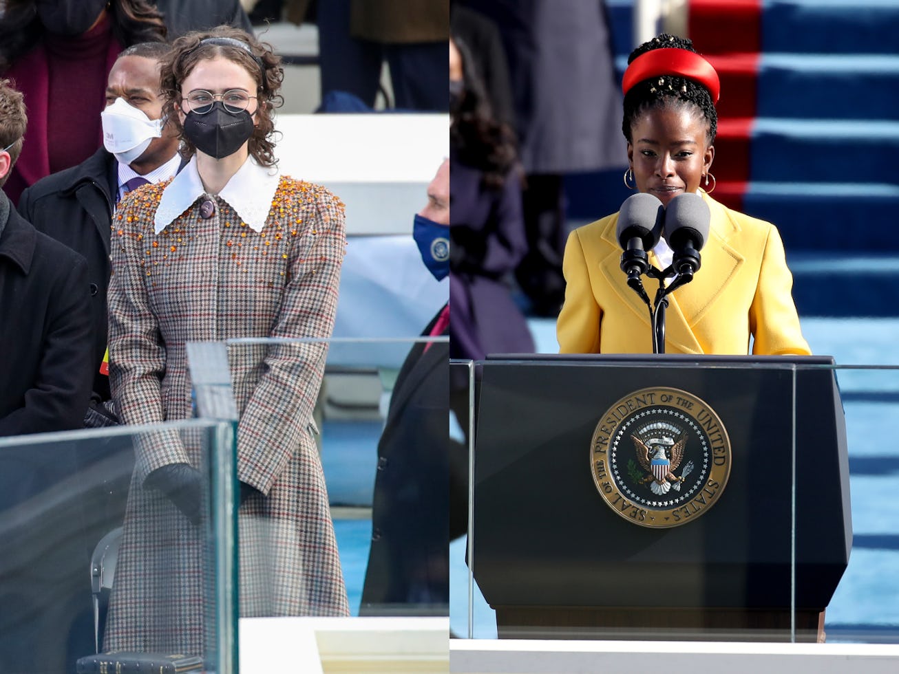 Ella Emoff and Amanda Gorman speaks during the inauguration of U.S. President-elect Joe Biden on the...