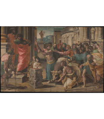 A digital copy of Raphael's The Sacrifice At Lystra, depicting different apostles like Paul as he at...