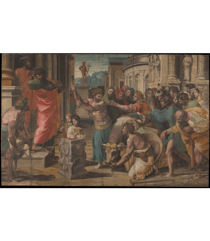 A digital copy of Raphael's The Sacrifice At Lystra, depicting different apostles like Paul as he at...
