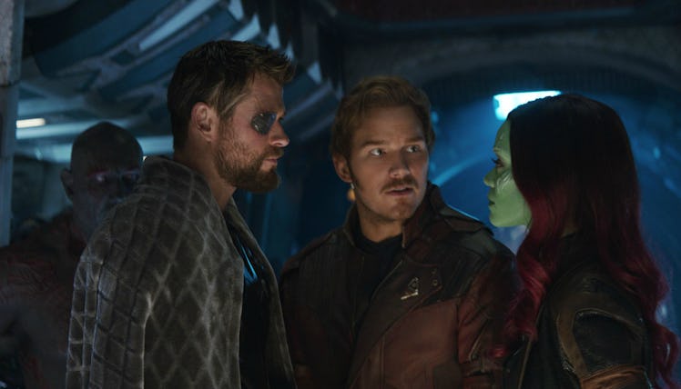 Chris Hemsworth, Chris Pratt, and Zoe Saldana in Avengers: Infinity War.
