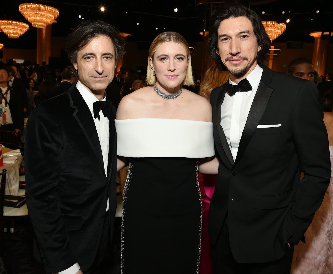 Noah Baumbach, Greta Gerwig, and Adam Driver attend the 77th Annual Golden Globe Awards at The Bever...