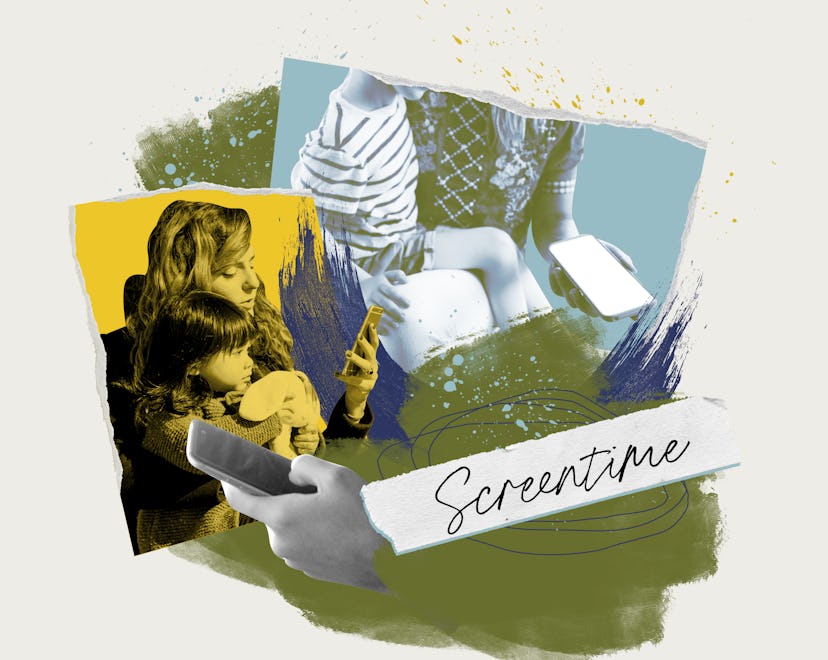 Collage of mothers doomscrolling social media while holding their kids