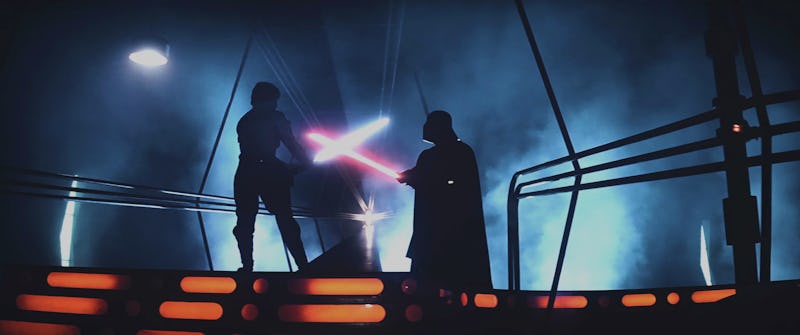 Iconic scene of Darth Vader and Luke Skywalker fighting in the Star Wars movie