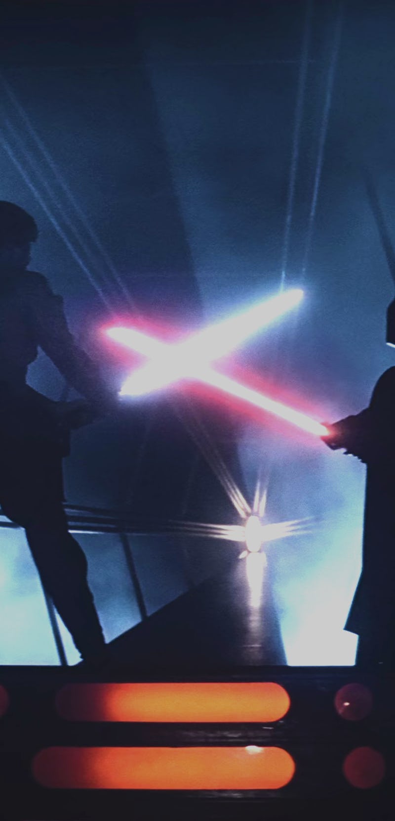 Iconic scene of Darth Vader and Luke Skywalker fighting in the Star Wars movie