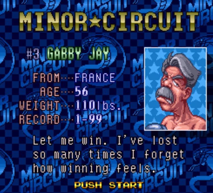 A card describing Minor Circuit boxer Gabby Jay in Super Punch Out, begging the user to let him win