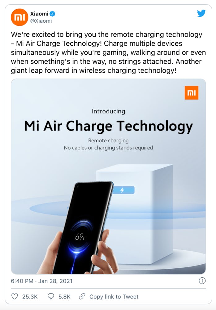 Chinese smartphone maker Xiaomi has teased a product that can charge smartphones through the air. 