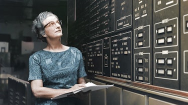 Nancy Grace Roman in front of a computer at NASA, historical image