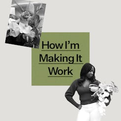 Jenny Pagel founder of Kanku floristry pictured with a bouquet of her creation and the text "How I'm...