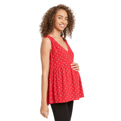 Smocked Shoulder Printed V-Neck Crepe Top