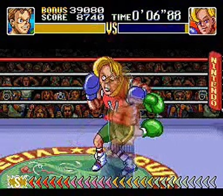 A screenshot showing Narcis Prince comically react to a punch in Super Punch out