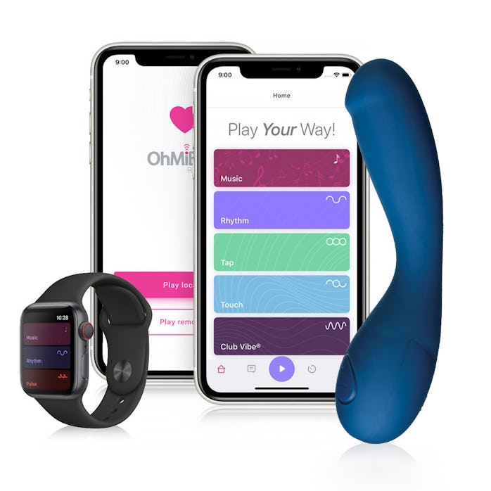 OhMiBod's 2nd generation blueMotion NEX|2 Bluetooth vibrator next to an Apple Watch and two app scre...