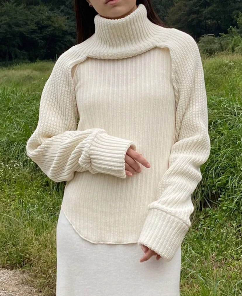 Turtleneck Knit Bolero Sleeve in Ivory