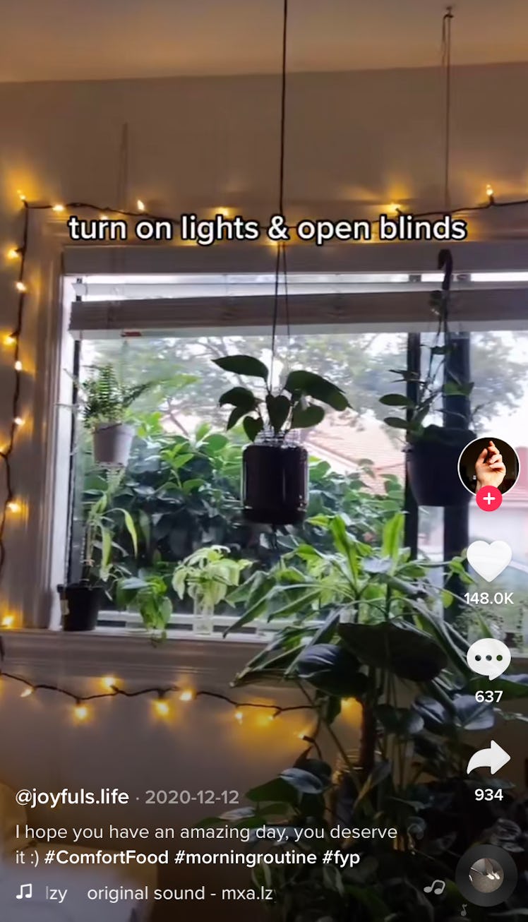 A woman turns on her lights and opens her blinds to start her morning on TikTok. 