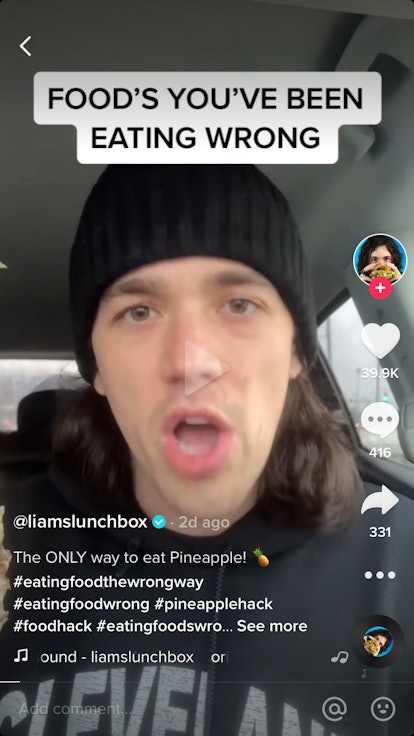 @liamslunchbox shares how to properly eat a pineapple on TikTok without a knife.