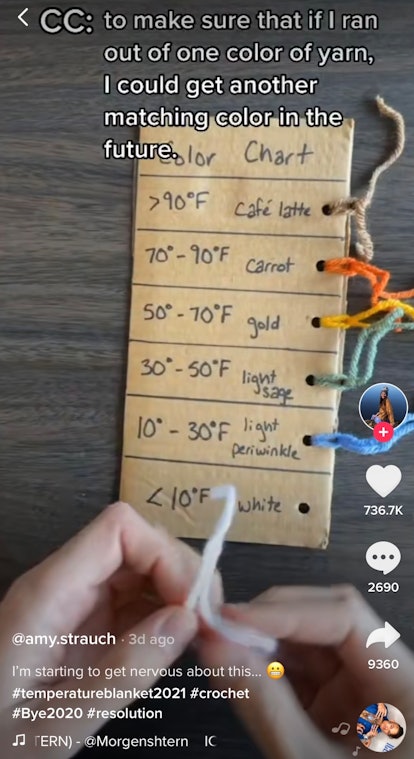 A woman makes a temperature blanket guide for her TikTok DIY project. 
