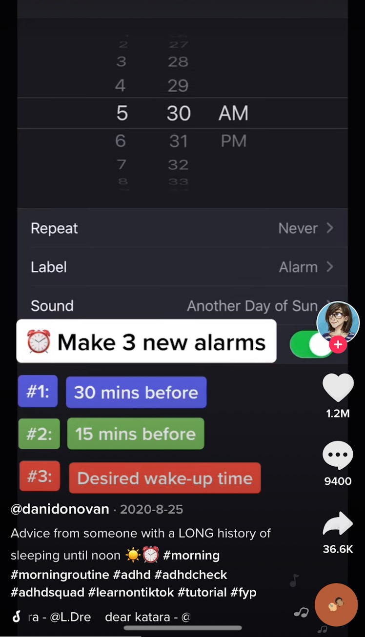 A woman sets three alarms on her phone to change her morning routine on TikTok. 