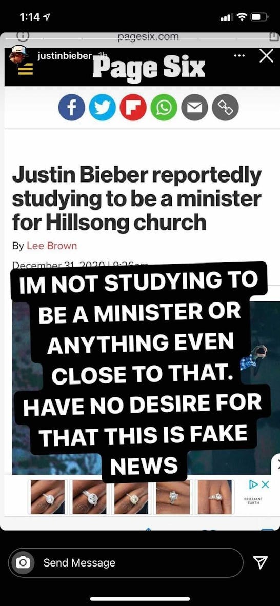Justin Bieber's Instagram story where he is negating the news about him studying to be a minister fo...