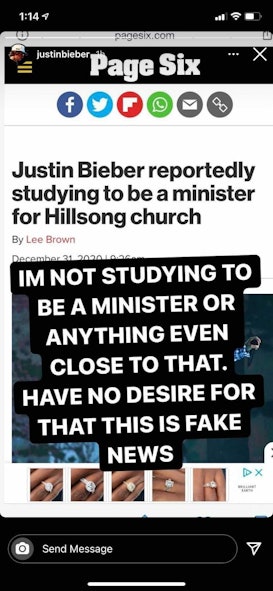 Justin Bieber's Instagram story where he is negating the news about him studying to be a minister fo...