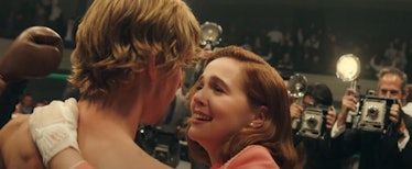 A young couple embrace after a wrestling match in Justin Bieber's music video for "Anyone."