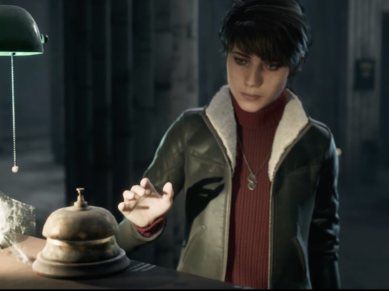 A screenshot of a woman ringing a bell in 'The Medium.'